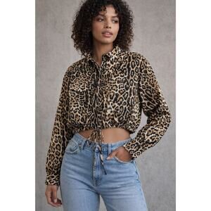 Scoop Leopard Print Cropped Button Down Shirt XXL 20 Drawstring Hem Long Sleeve